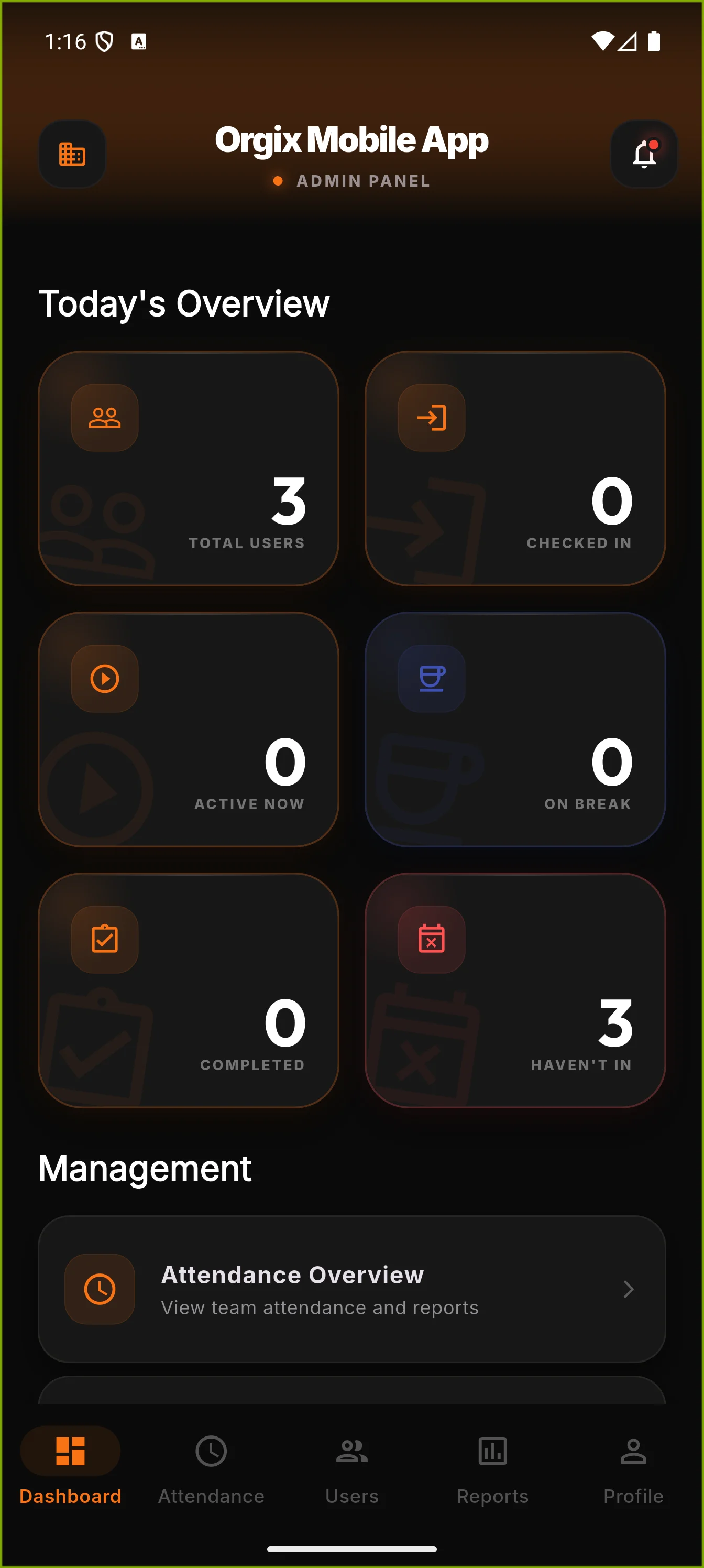 Orgix mobile app home screen with attendance summary and quick actions
